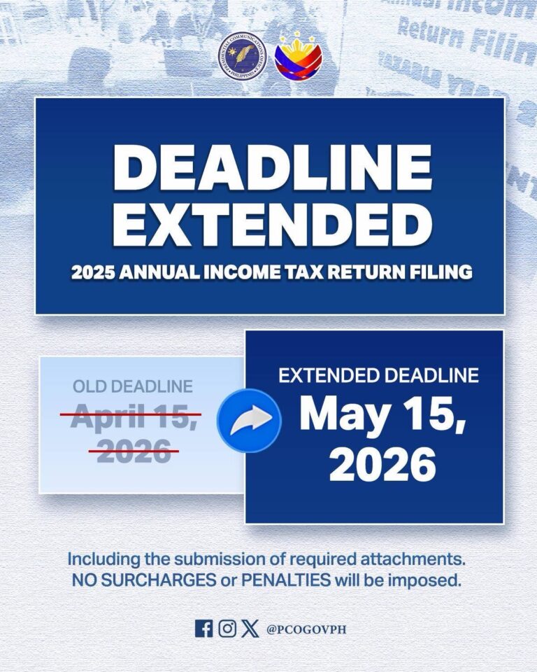 Pinalawig hanggang May 15, 2026 ang deadline ng filing ng 2025 Annual Income Tax Returns.